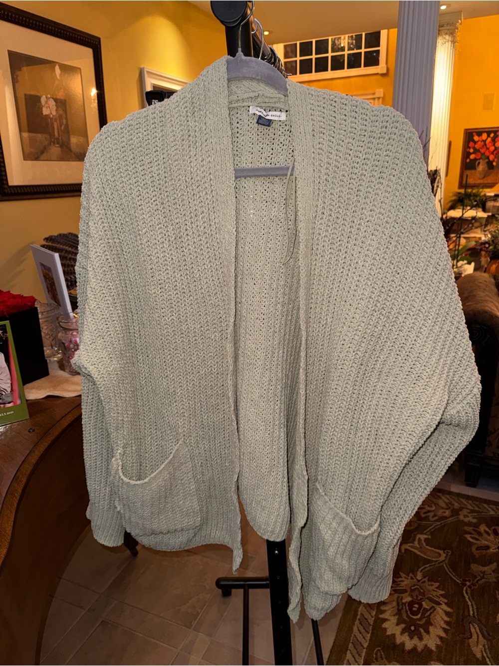 American Eagle Outfitters Light Sage Open-Front Knit Cardigan
